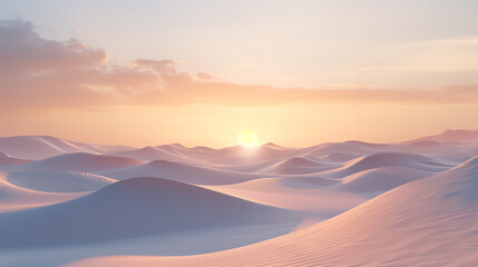 A serene desert at sunset. The golden light of the sun casts long shadows on the smooth and wavy sand dunes, creating an elegant pattern across the landscape. Tranquil and peaceful atmosphere.