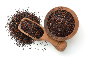 Black quinoa seeds in wooden bowl and scoop