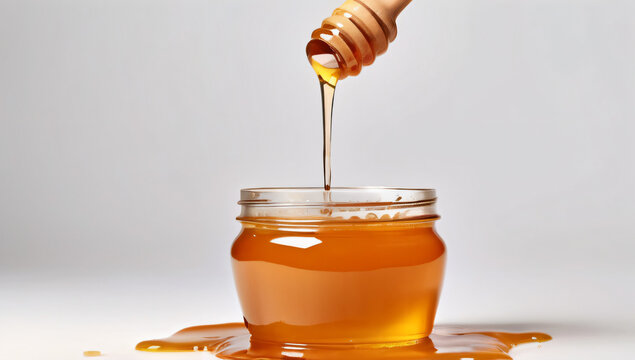 honey, honey pours beautifully into a glass jar on a white background