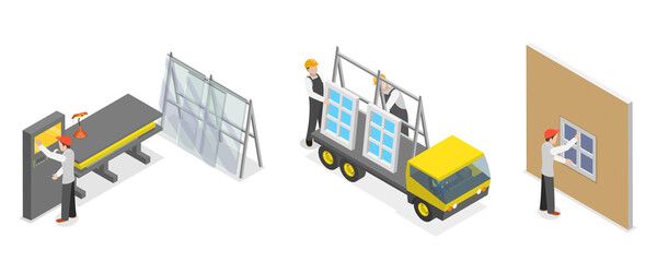 3D Isometric Flat  Conceptual Illustration of Windows Installing, Building Construction Industry