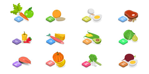 3D Isometric Flat  Conceptual Illustration of Vitamins And Minerals, Healthy Food Supplements