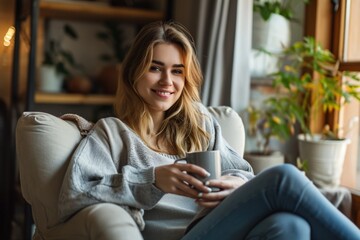 Beautiful relaxed woman sitting in an armchair with coffee mug in her hand, leisure and lifestyle concept.