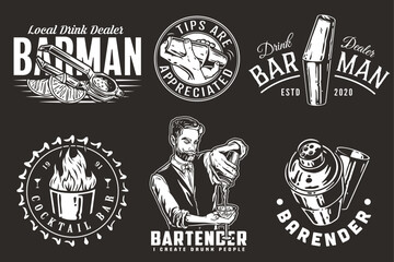 Bartender design with shot with fire, juicer and boston shaker in hands for bartending school. Vector emblem set of chromed metal equipment or cocktail bar tool for barman or barkeep