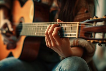 Obraz premium Beautiful woman playing guitar, leisure and lifestyle concept.