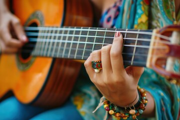 Obraz premium Beautiful woman playing guitar, leisure and lifestyle concept.