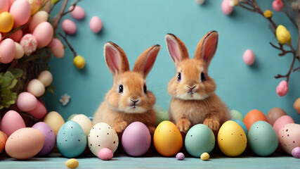 Easter bunny rabbit with blue painted egg on blue background