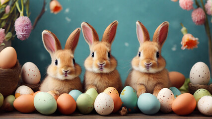 Easter bunny rabbit with blue painted egg on blue background
