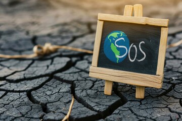 SOS written on a board over dry cracked ground, save the planet, earth day.
