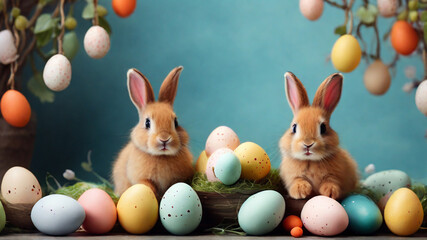 Easter bunny rabbit with blue painted egg on blue background