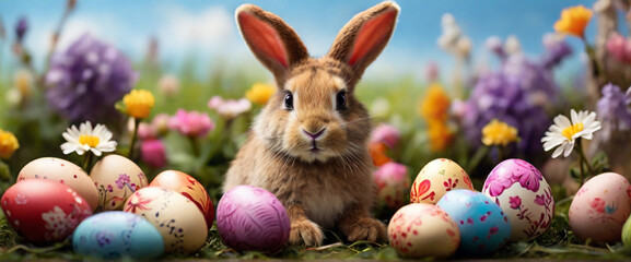 Fototapeta na wymiar Easter bunny rabbit with painted egg