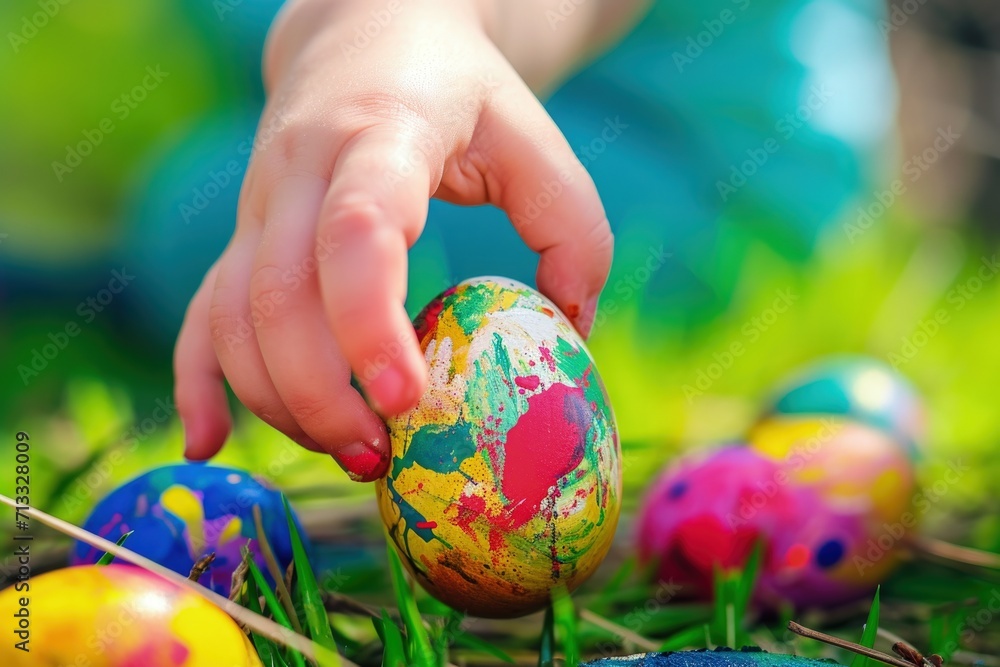 Poster A child's hand holding colorful easter egg, concept of easter holiday and religion.