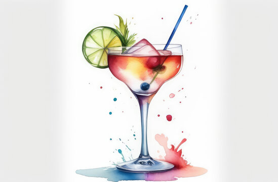 watercolor illustration of refreshing cocktail. alcohol drink in glass with lime slice and ice