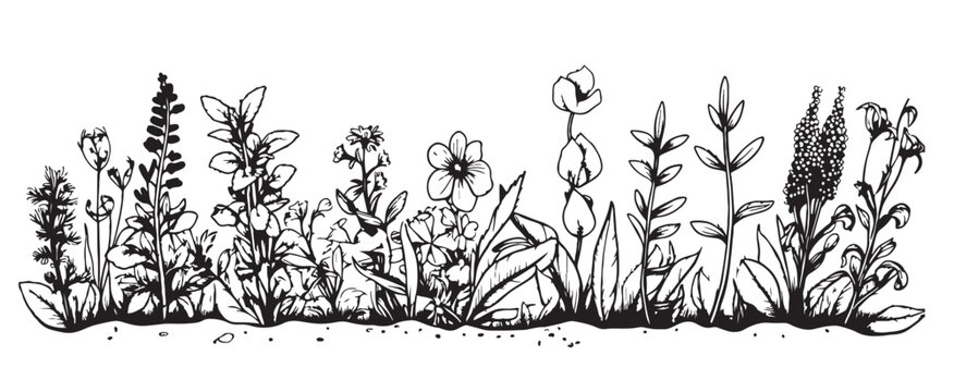 Wild flower field border hand drawn sketch in doodle style Vector illustration