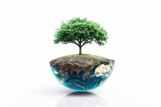 Tree over planet earth on white background, concept of save the planet and earth day.