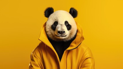 Hipster panda in a coat on a yellow background