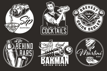 Bartender design with bottle stopper and boston shaker for bartending school. Vector emblem set of chromed metal equipment or cocktail bar tool for barman or barkeep