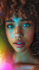 Portrait Capturing the Beauty of a Curly Haired Black Mixed Race Young Woman, Illuminated by Soft Bright Light.