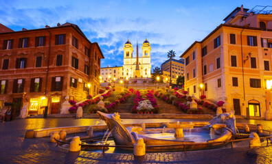 Panorama at the Spanish Steps during the blue hour in Rome, Italy. One of the most famous squares.