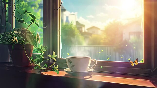 Cup on the window with sun, Seamless looping 4k time-lapse virtual video animation background. Generated AI