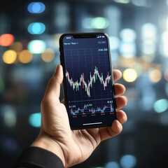Fototapeta na wymiar Close up of hand holding smartphone with stock chart trading interface on blur background 