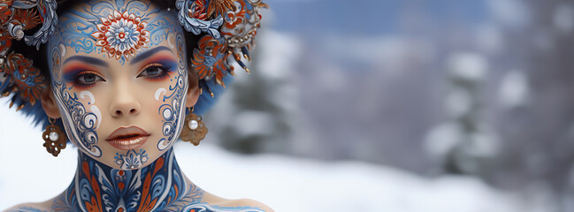 Portrait of a young woman with a blue-orange makeup against a snowy background. Artistic face art...