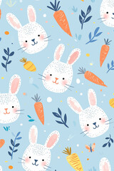 Cute seamless pattern with white Easter bunnies and carrots on a blue background.