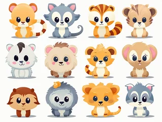 Papier Peint photo Ensemble d animaux mignons Colorful set of little cartoon animals characters. Baby animals icons set isolated on white background. Cartoon character design. Color illustration of wild animal world. Vector illustration 