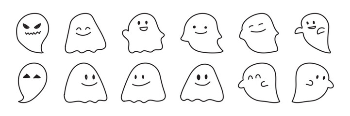 かわいい手書きのおばけのセット　ベクター　白黒　モノクロ　イラスト素材　Cute hand drawn ghost collection