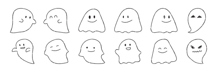 かわいい手書きのおばけのセット　ベクター　白黒　モノクロ　イラスト素材　Cute hand drawn ghost collection © samemen