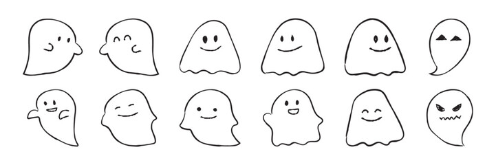 かわいい手書きのおばけのセット　ベクター　白黒　モノクロ　イラスト素材　Cute hand drawn ghost collection © samemen