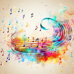 Colorful music notes background with sheet music, disc and treble clef. 