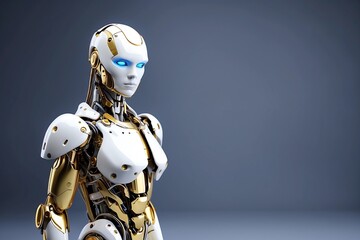 Robot android in golden-white color, clean background