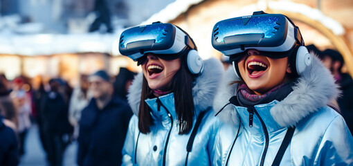 Two joyful young women wearing VR headsets and headphones are having fun outdoors. Advertising and shopping panoramic banner with copy space