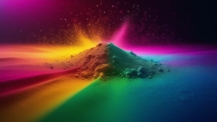 Festive abstract colorful particles and an explosion of crumbly powder to celebrate the Holi festival. brilliant rainbow lights. background wallpaper for advertising or web design of gift packaging