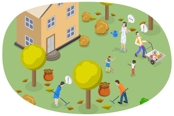 3D Isometric Flat  Conceptual Illustration of Weekend Yardwork Cleanup, Raking Garbage