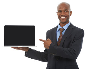 Portrait, business and black man with a laptop, pointing and employee isolated on white studio background. Face, African person or model with pc, promotion or digital app with opportunity or feedback