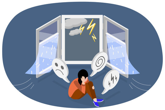 3D Isometric Flat  Conceptual Illustration of Fear Of Thunderstorm, Anxiety and Panic Attack