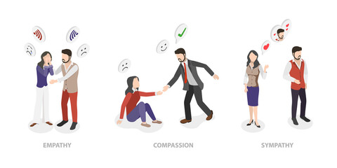3D Isometric Flat  Conceptual Illustration of Empathy, Sympathy And Compassion, Soft Skills