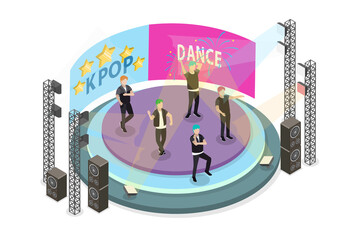 3D Isometric Flat  Conceptual Illustration of Kpop Perfomance, Dancing and Singing on Stage