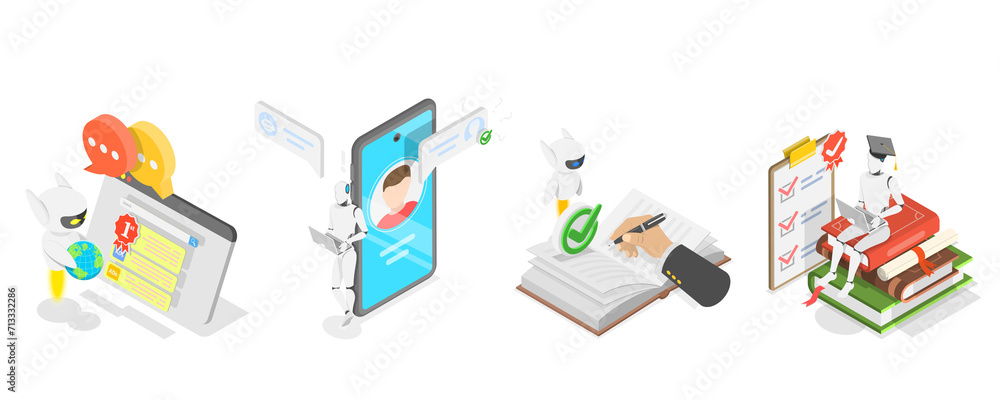 Poster 3d isometric flat conceptual illustration of gpt chat, virtual dialog with ai assistant