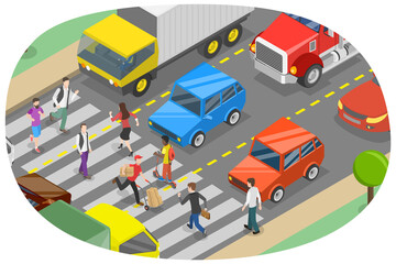 3D Isometric Flat  Conceptual Illustration of Busy City, Crosswalk with Pedestrians