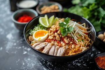"Chicken Pad Thai" chicken breast strips, boiled eggs, tamarind paste, fish sauce, chopped peanuts, chopped coriander leaves, cooked rice noodles, chopped spring onions, ground pepper, minced garlic 
