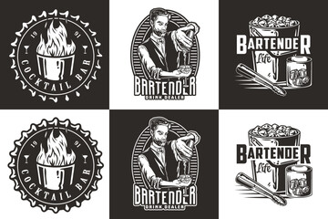 Bartender design with beer cap, shot with fire and bucket with ice for bartending school. Vector emblem set of chromed metal equipment or cocktail bar tool for barman or barkeep