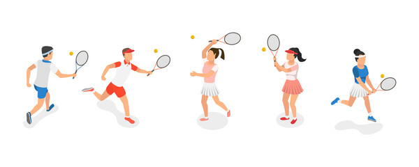 3D Isometric Flat  Set of Tennis Players, Summer Sport
