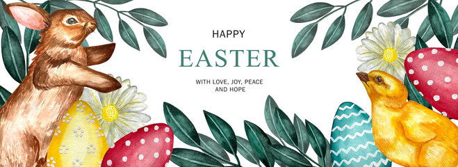 Happy Easter watercolor card, banner, border with cute Easter rabbit, eggs, spring flowers and chick in pastel colors on light green white background. Isolated Easter watercolor decoration elements