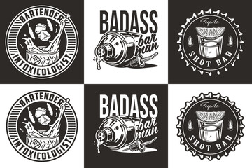 Bartender design with shaker, beer cap, shot with lime, ice for bartending school. Vector emblem set of chromed metal equipment or cocktail bar tool for barman or barkeep