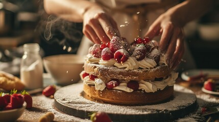 Close view of hands making a delicious cake. Created with Generative Ai technology.