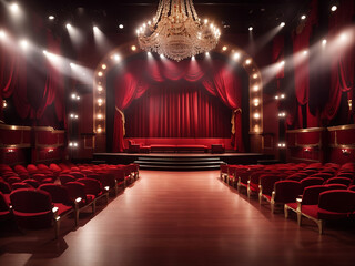 Theatre stage with red curtains, spotlights, and empty seating rows. Theatre interior with wooden floor. Scene with luxury velvet drapes, music hall, opera, and drama background design.