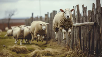 Foto op Plexiglas Sheep escaping from farm by  jumping over a wooden fence. Other sheep are watching. © Meta