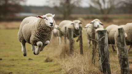 Obraz premium Sheep escaping from farm by jumping over a wooden fence. Other sheep are watching.